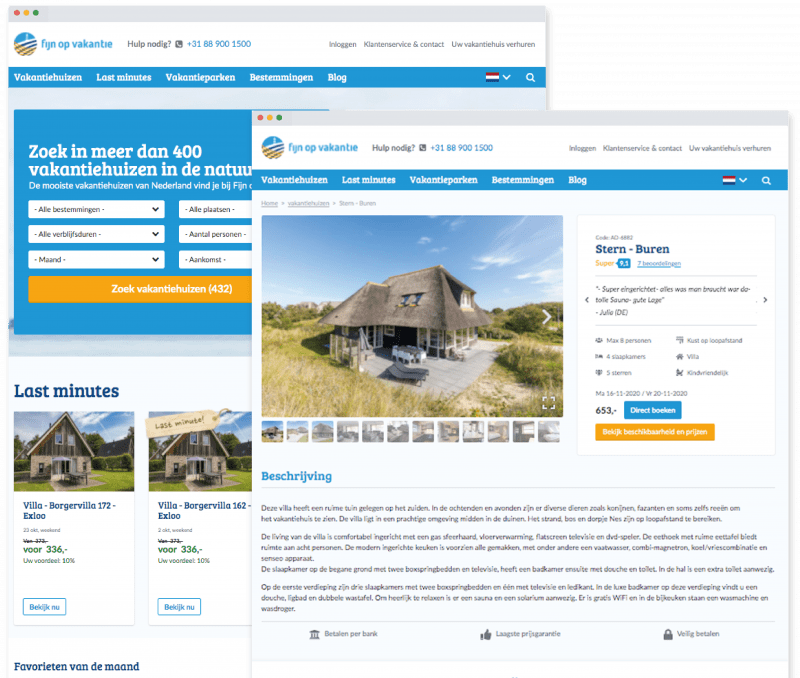 Twee screenshots van een Flean website, als voorbeeld. De eerste screenshot toont een homepage met zoekfunctie. De tweede screenshot toont een pagina over een accommodatie, met een foto van de accommodatie.
