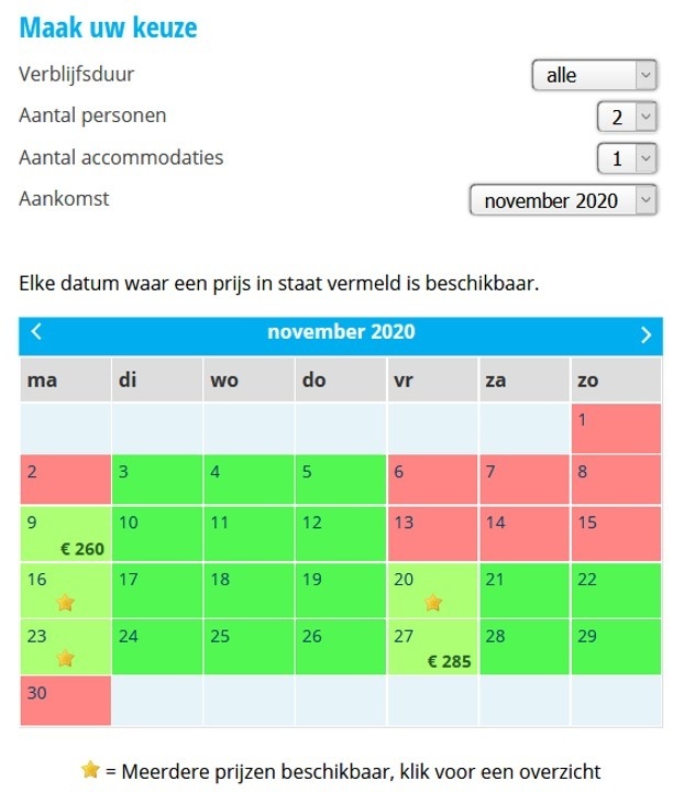 Een screenshot van een kalender op een website van Flean. Op de screenshot staan opties voor de verblijfsduur, het aantal personen, het aantal accommodaties en de aankomst, gevolgd door een kalender. Op deze kalender staan verschillende data in rood en in groen aangegeven.
