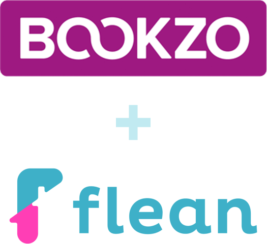 Het logo van Bookzo, gevolgd door een plusteken en het logo van Flean