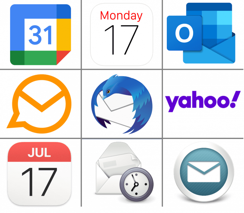 Logo's van negen digitale agenda's die werken op iCal, ingedeeld in een rooster van drie bij drie. Van linksboven naar rechtsonder zijn het de logo's van Google Agenda, Apple's Agenda op iOS, Microsoft Outlook, eM Client, Mozilla Thunderbird, Yahoo, Apple's Agenda op macOS, GNOME Evolution en GroupWise.