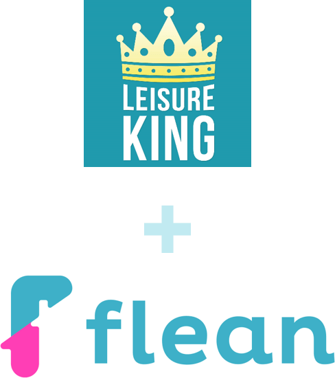 Het logo van Leisure KING, gevolgd door een plussymbool en het logo van Flean