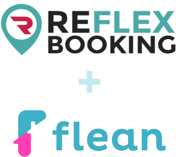 Het logo van Reflex Booking, gevolgd door een plus-symbool en het logo van Flean