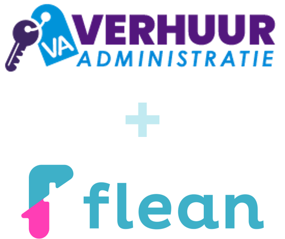 Het logo van Verhuuradministratie, gevolgd door een plus-symbool en het logo van Flean
