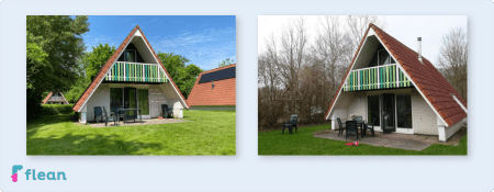 Twee foto's van dezelfde accommodatie. De foto links is genomen in helder zonlicht met een blauwe hemel. De foto rechts heeft minder sterke kleuren en een grijze lucht. Ook liggen er verschillende spullen rondom de veranda.