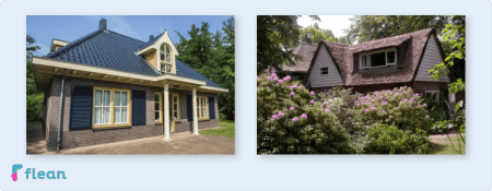 Twee foto's van de voorgevels van verschillende accommodaties. Op de linker foto is het vakantiehuis volledig zichtbaar. Op de rechter foto staan veel bosjes op de voorgrond die het huis van het zicht blokkeren.